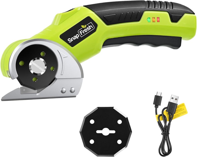 SnapFresh 4V Cordless Electric Scissors-Rechargeable Rotary Box Cutter w/ 2.0Ah Battery, 2 Self-Sharpening Blades, LED Light & Safety Lock,Carpet Cutter Tool for Cardboard, Fabric, Leather, Plastic - Image 1